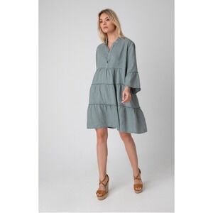 John P Greece 100% Linen Shift Dress Tiered Ruffle Bell Sleeve M/L Lagenlook